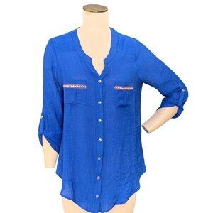 I.N. Studio Button‎ Front Top Roll Tab Sleeve Sz M Blue #106B